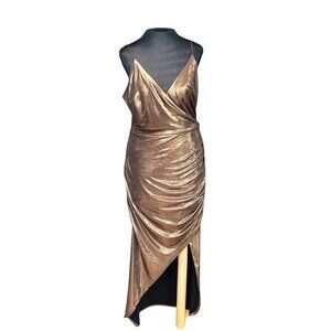 Metallic Bronze Draped Maxi Dress By WAYF With V-Neckline Spaghetti Straps